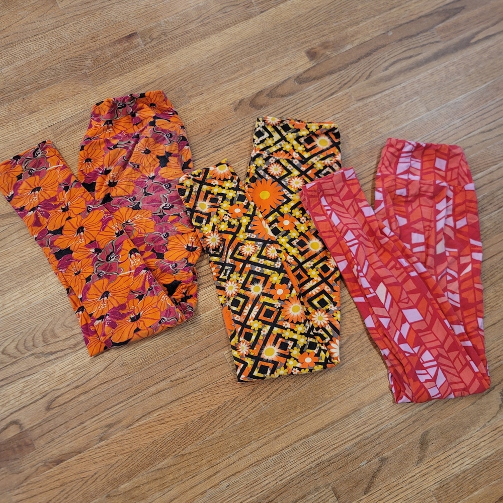 ALL 3 Pairs LuLaRoe One Size Athleisure Leggings Orange Pink Black Yellow Floral